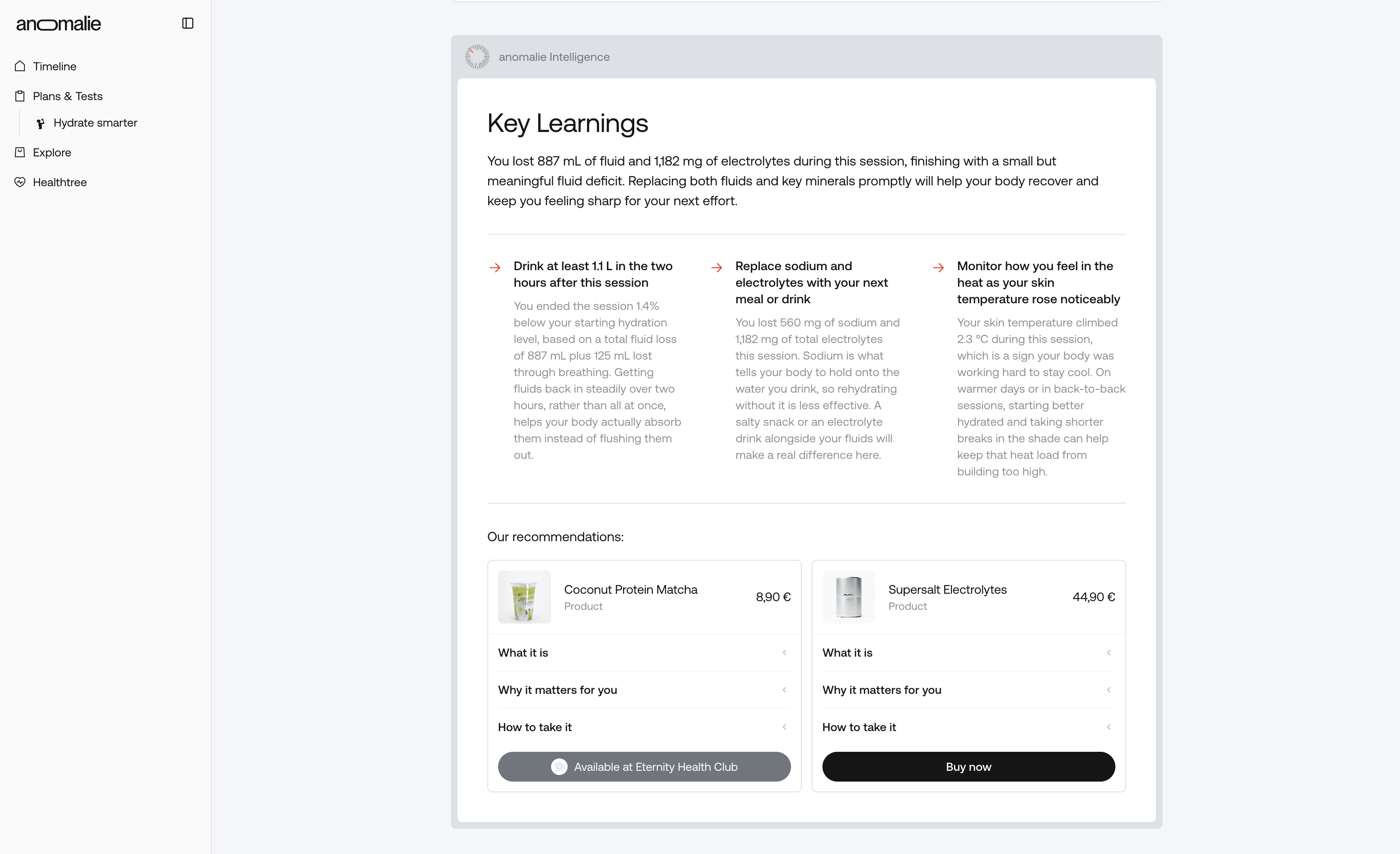 The anomalie app showing a personalized health report